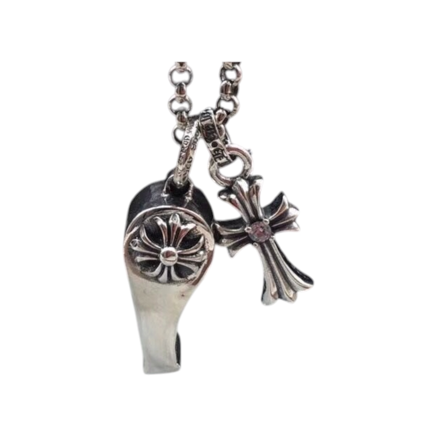 “Whistle & Baby Fat Cross” Necklace — Chrome Hearts